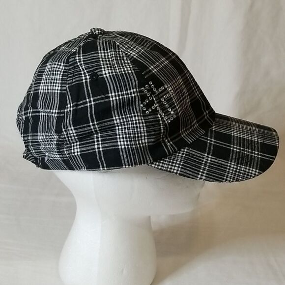 Black and White Plaid Cap with Bling Cross - Picture 2 of 6